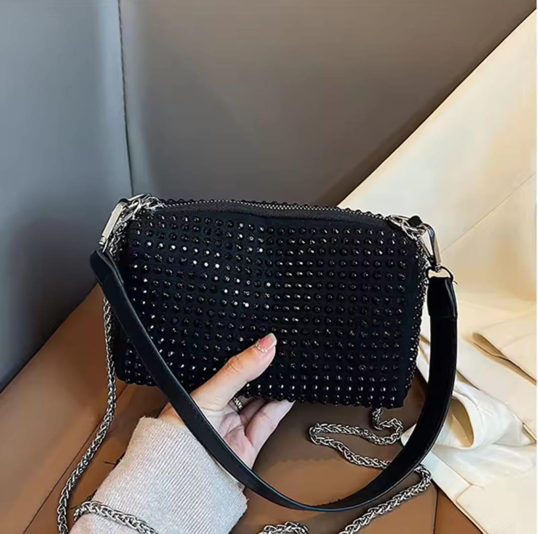 Women’s Black Studded Shoulder Bag with Chain Strap