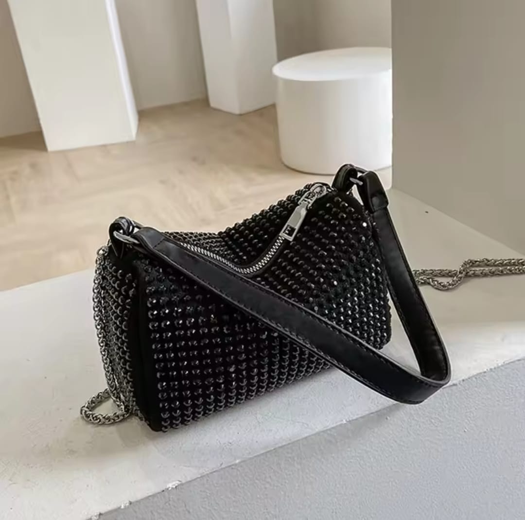 Women’s Black Studded Shoulder Bag with Chain Strap