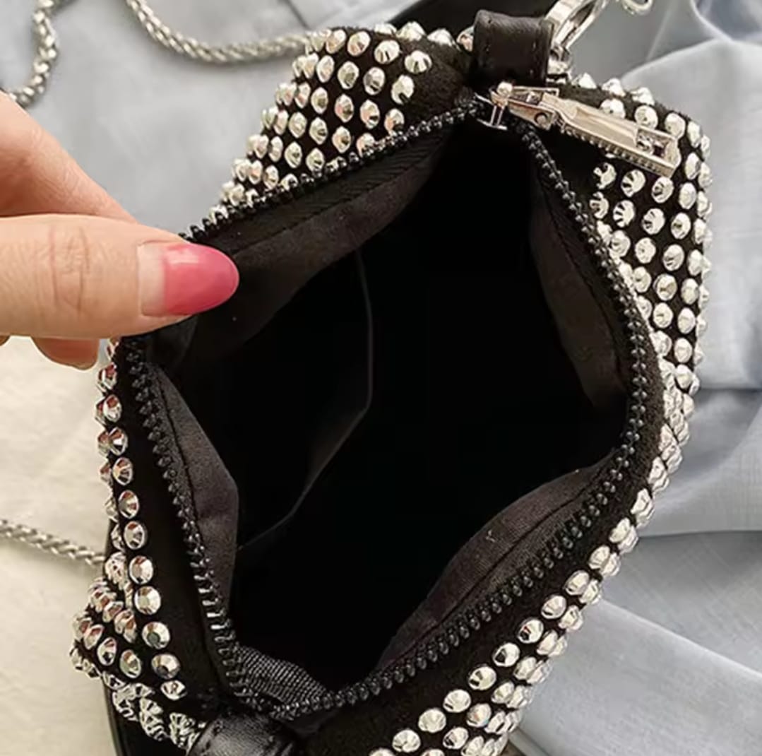 Women’s Black Studded Shoulder Bag with Chain Strap