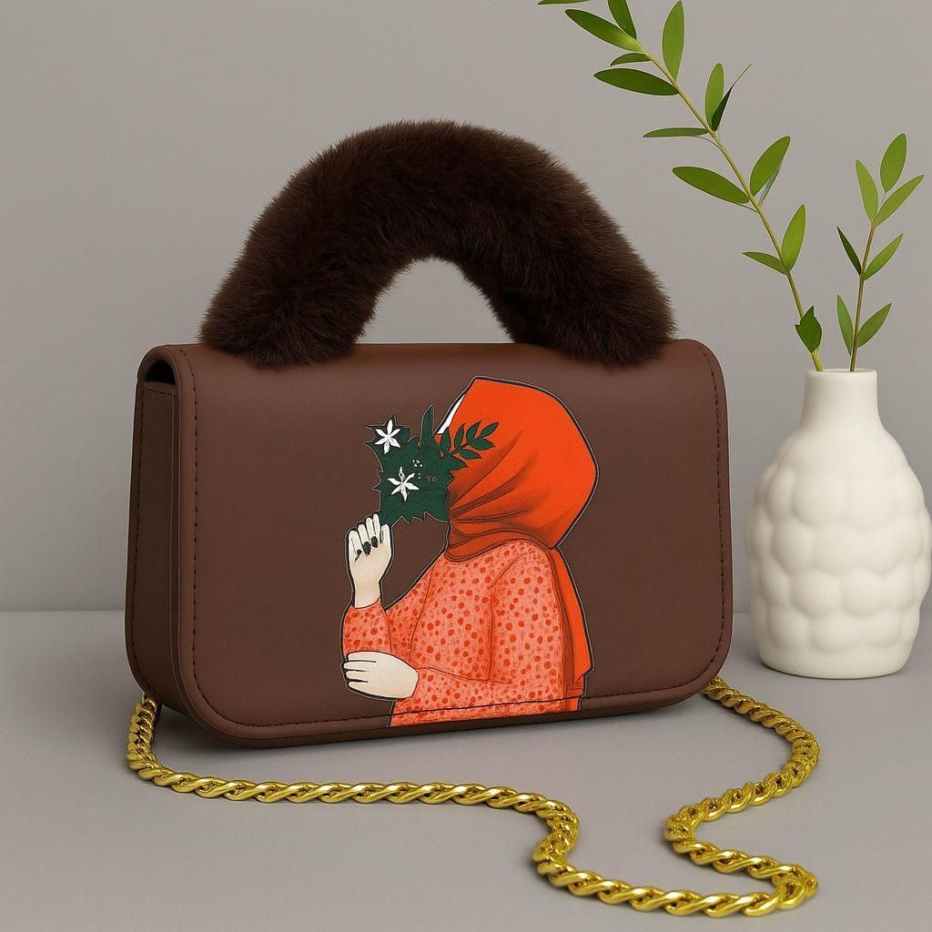 Women’s PU Leather Clutch Bag with Fur Handle