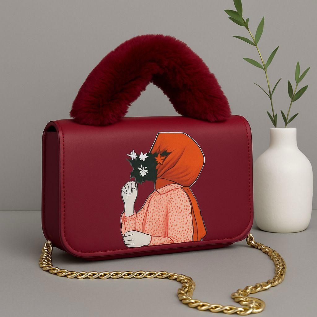 Women’s PU Leather Clutch Bag with Fur Handle