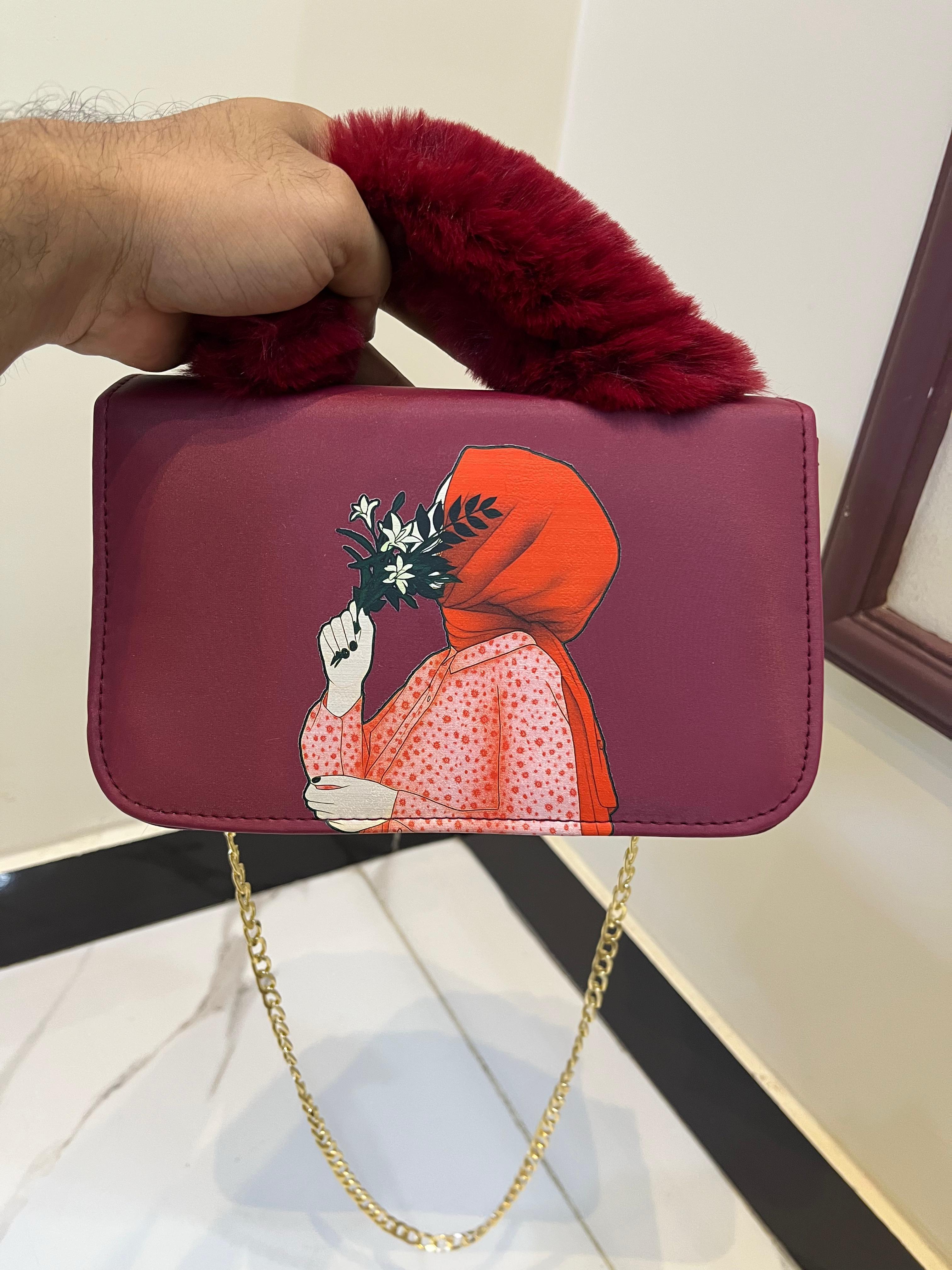 Women’s PU Leather Clutch Bag with Fur Handle